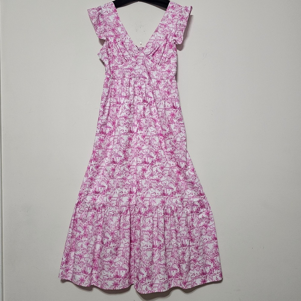 Skies‎ Are Blue Dress XL Fits 12/14 White Pink Vneck  Long Maxi Cutout 0702